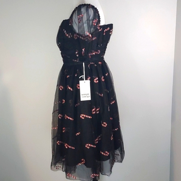 Unique Vintage Black Glitter Sheer Mesh Candy Cane Babydoll Dress Size S/4 NWT - Picture 4 of 16